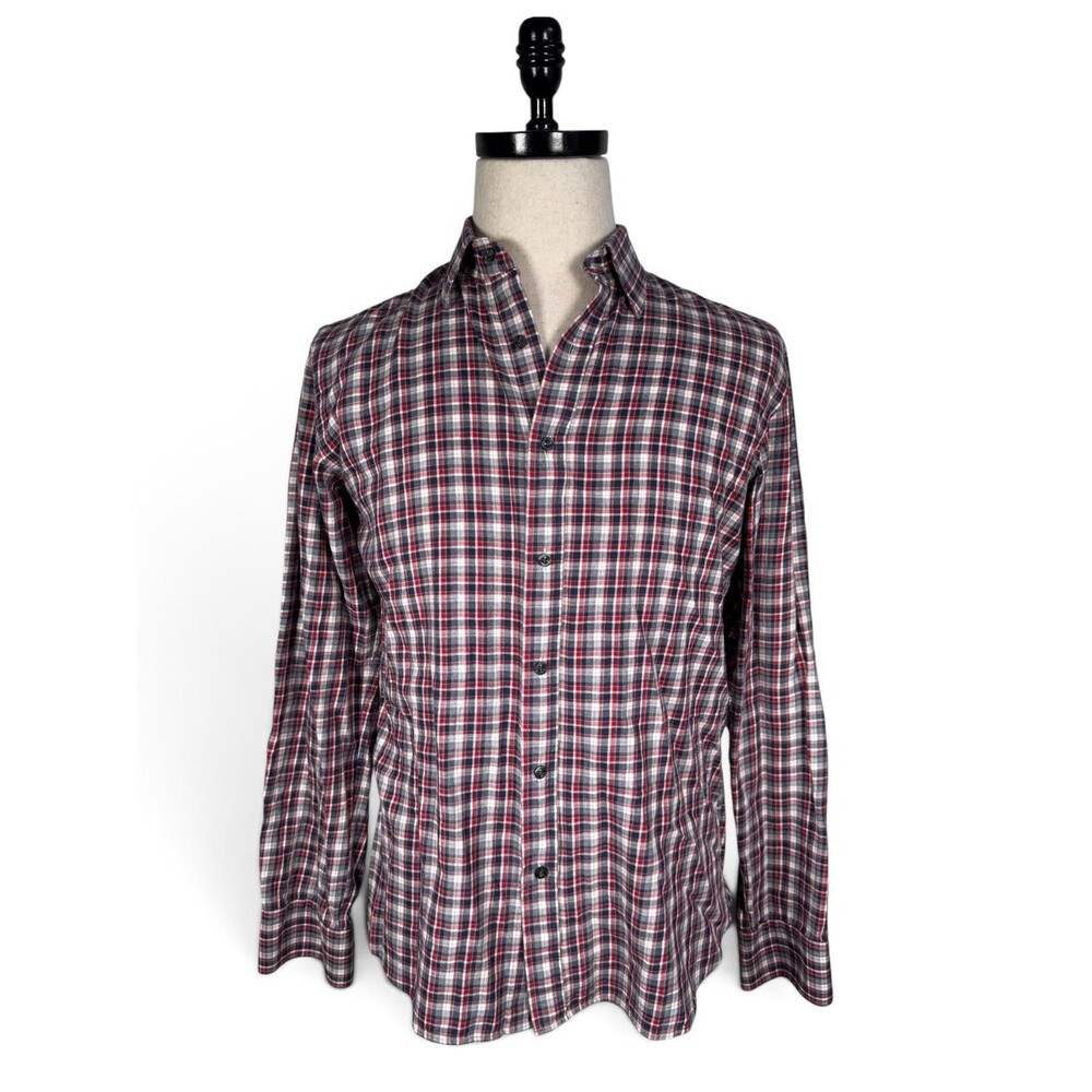 Teddy Stratford Shirt Mens Size 2 Red Blue Gray Check Zipfit Button Down - Picture 2 of 8